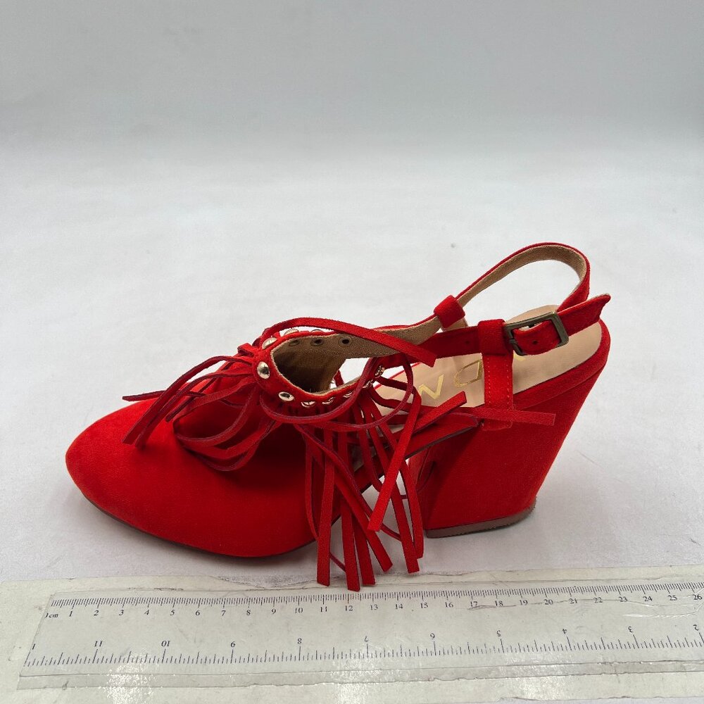 YDN Red Round Toe Block Heel Tassel Ankle Buckle Strap Dressy Shoes for Wedding
